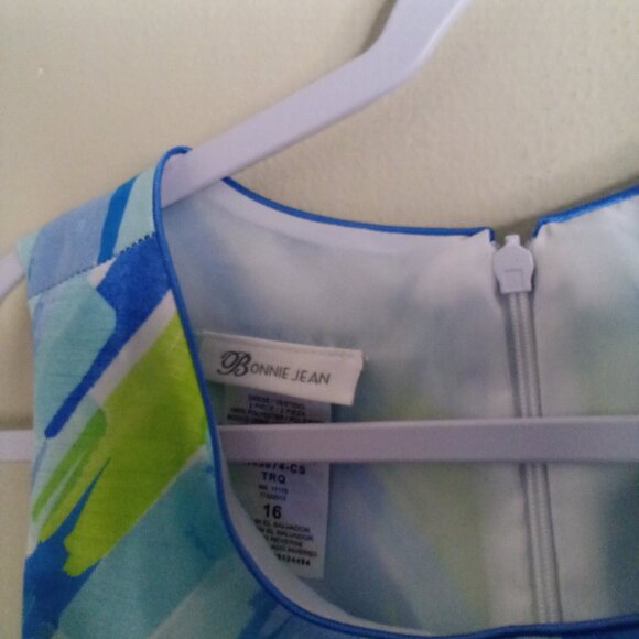 Bonnie Jean Dress Girls 16 Sleeveless Satin Pattern Blue Green - Picture 9 of 15